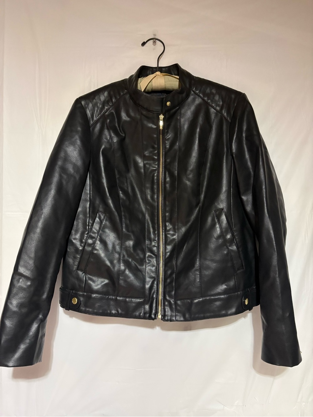 Cole Haan Black Faux Leather Moto Jacket with Gold Zipper